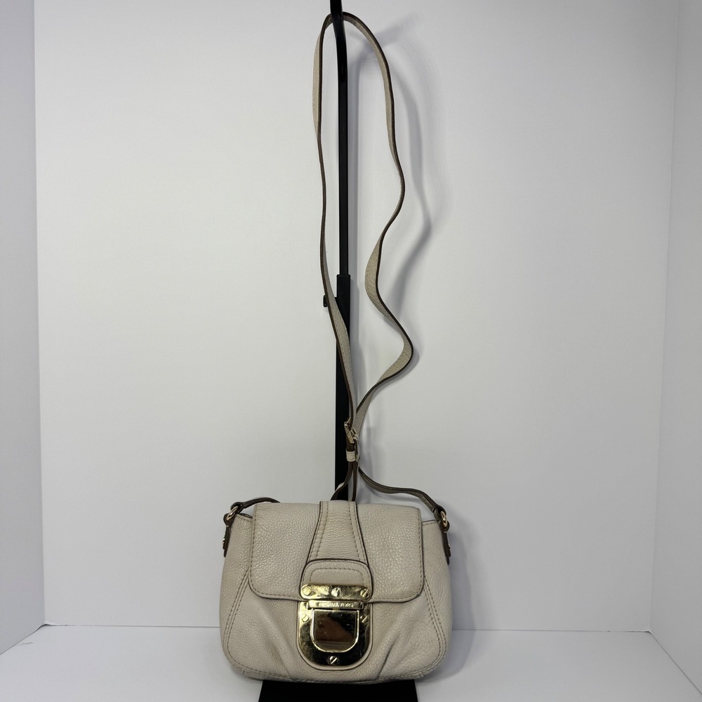 Michael Kors Charlton Cream‎ Pebbled Leather Small Crossbody Bag Gold Push Lock